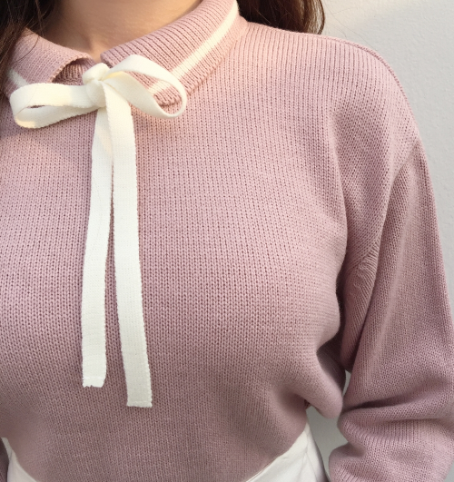 Collared Ribbon-Front Knit Sweater