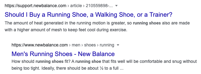 search results showing what appears from New Balance on Google when you look up information about running shoes