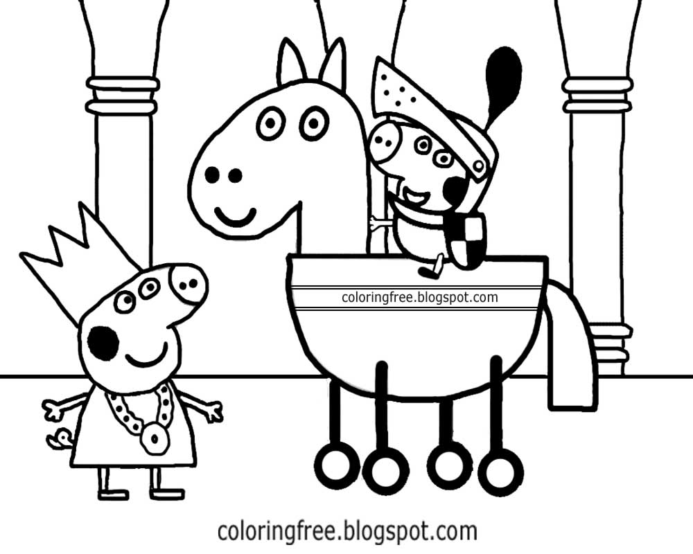 Me val knight on horse cartoon printable easy Peppa pig princess coloring pages for kids to color 5