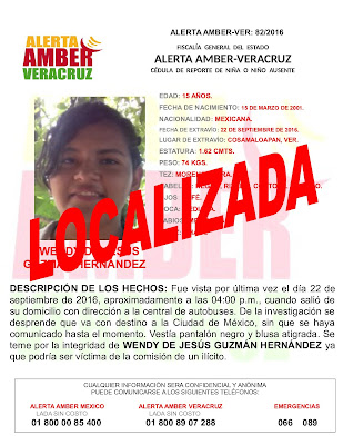 Desactivan Alerta Amber a Wendy de Jesús Guzmán Hernández en Cosamaloapan