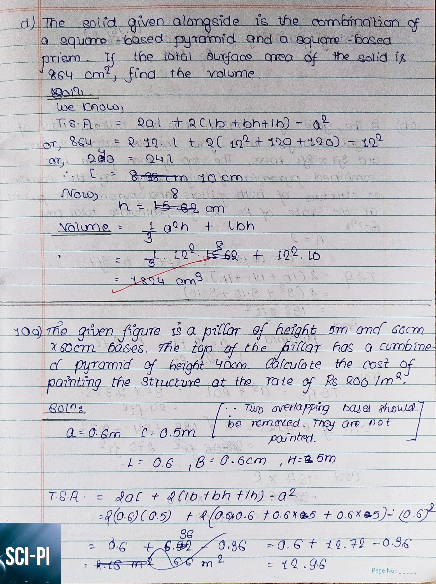 Exercise 7.2 Surface Area and Volume of Pyramids Class 10 Solutions | vedanta Excel in Mathematics