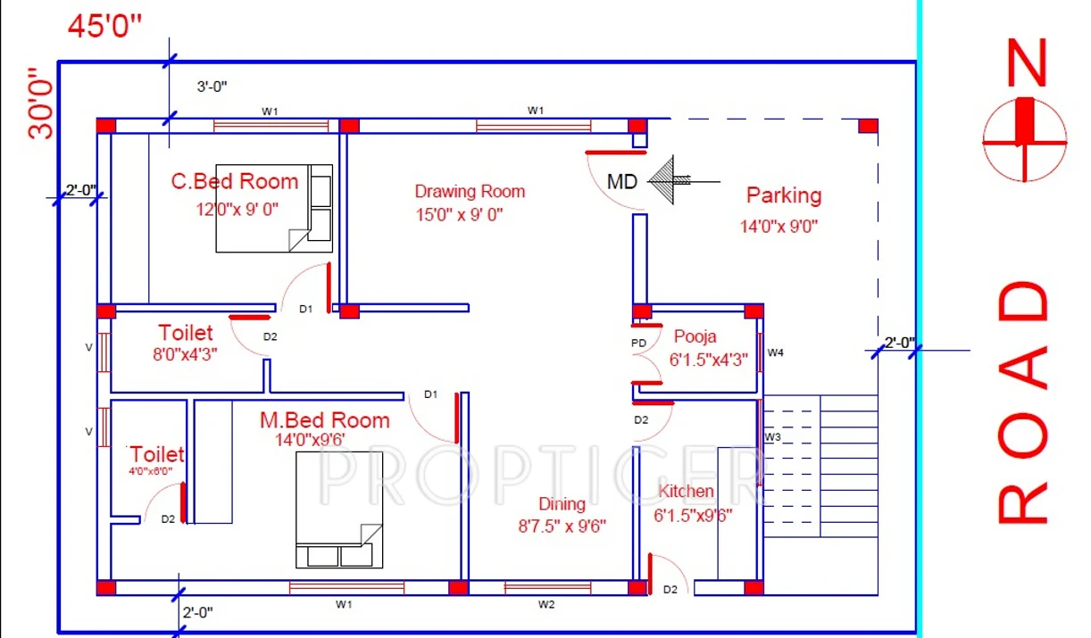 1250 sq ft 2 BHK Floor Plan Image - S V Builders Avenues Available