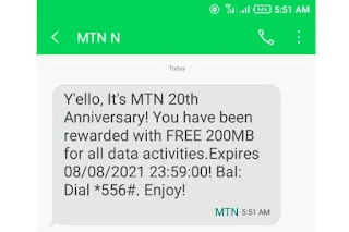 MTN 20th Anniversary: MTN Gives Free 200MB To Subscribers.