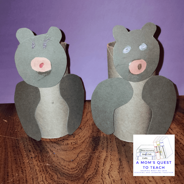 A Mom's Quest to Teach logo; two completed bear figure crafts