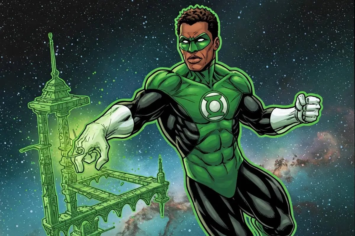 Illustration of John Stewart, the Green Lantern, flying in space and creating a detailed green energy structure.