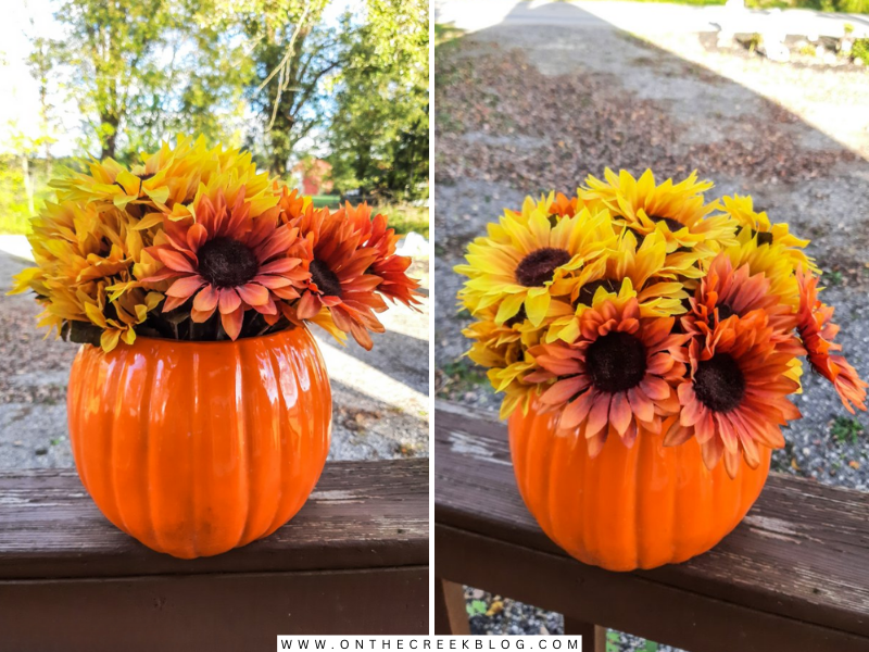 Thrifted ceramic pumpkin with a fall backdrop