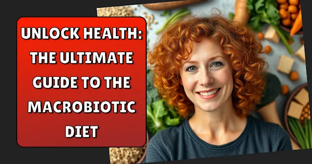 Smiling woman with curly red hair, surrounded by various healthy foods, promoting a guide to the macrobiotic diet.