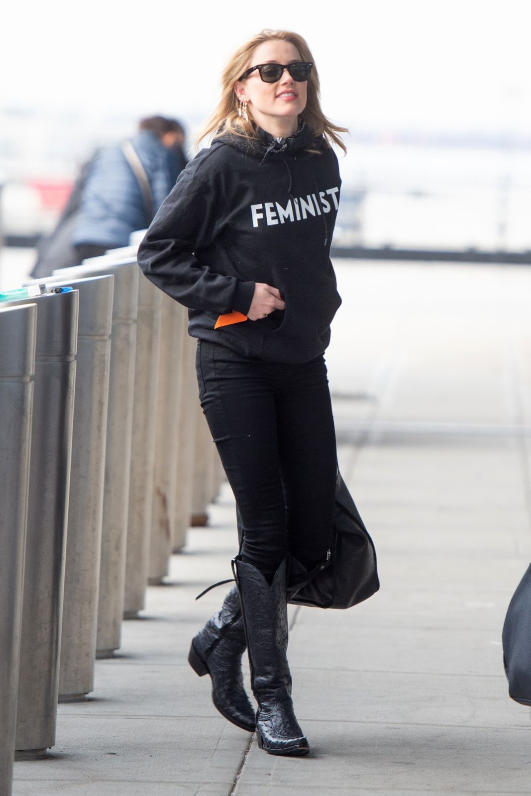 Amber Heard travel style at JFK Airport in New York