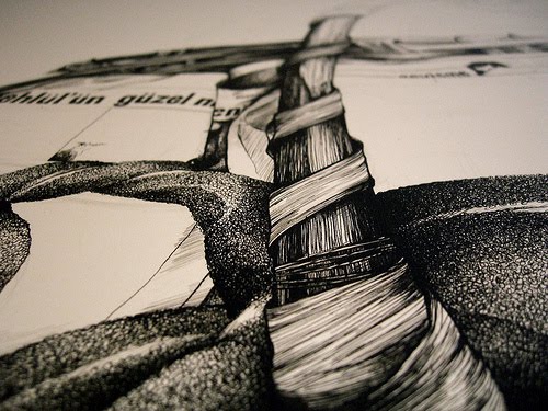 Detail of an ink drawing of a simit salesman, or simitci, in progress, by Samantha Zaza.