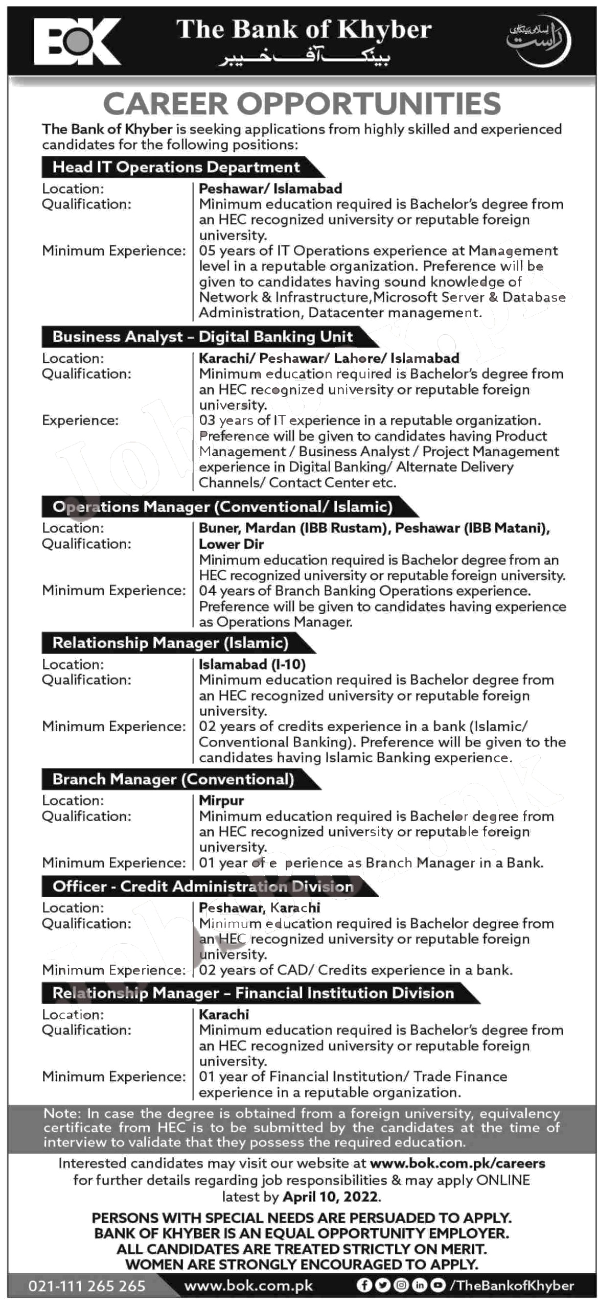 Bank of Khyber BOK New Jobs 2022 For  Pakistanis – www.bok.com.pk