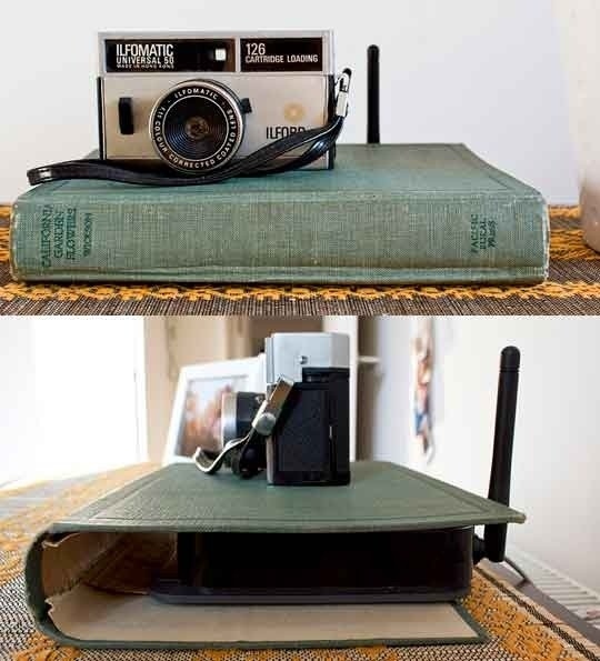 budget decorating, use a book to hide a router
