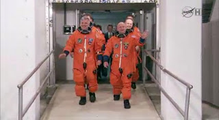 of STS-134 crew walkout on method to space shuttle Endeavour