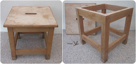 Two photos of small square stool in disrepair