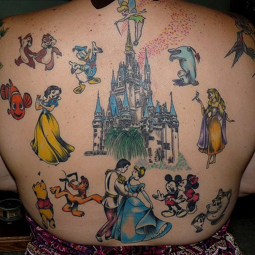 Smattering of Disney cartoon creations tattooed on back.