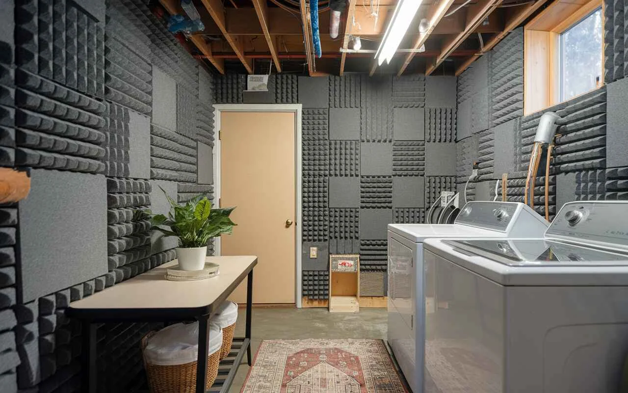 Laundry room in a basement with soundproofing materials like acoustic panels, creating a quieter environment.