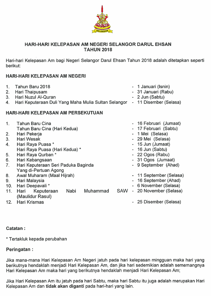 Takwim Cuti Umum Selangor 2018