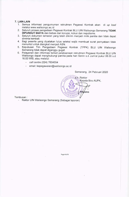 Pengumuman Seleksi Penerimaan Pegawai Kontrak BLU UIN Walisongo Semarang Tahun Anggaran 2020