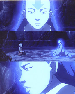 Screenshots of Avatar Yangchen’s face, full-frontal and profile; a fair-skinned adult woman with an Air Nomad arrow on her forehead. Another screenshot shows Aang talking to her; Aang wears and off-shoulder monk’s robe with brown leggings, Yangchen wears full long-sleeved robes of a senior nun. Her dark hair is long and tied behind her back.