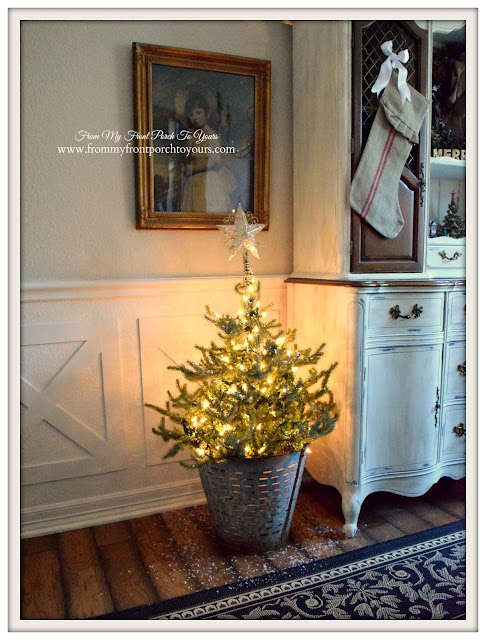 Farmhouse Christmas Dining Room-Christmas Tree- Olive Bucket- From My Front Porch To Yours