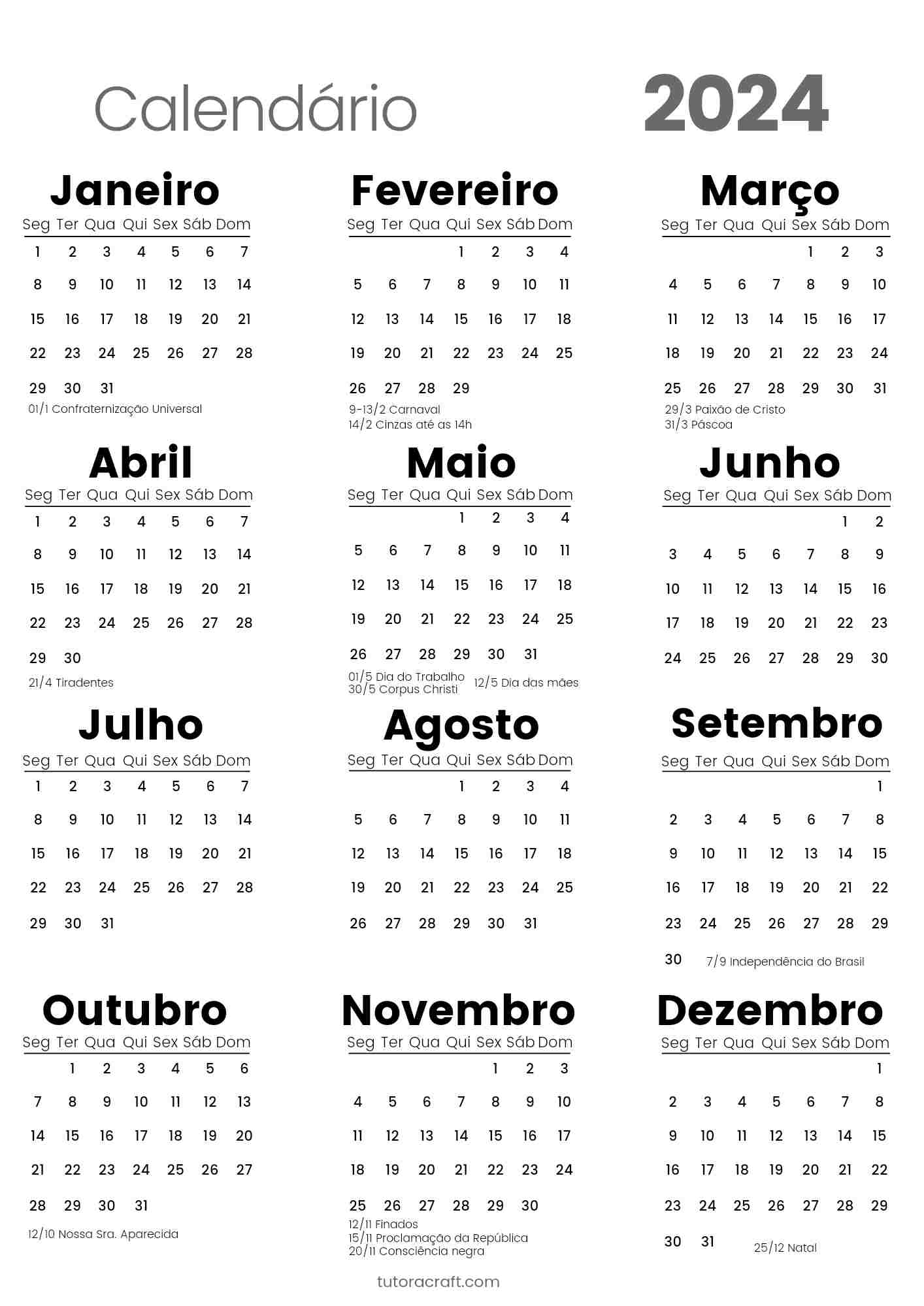 Calendário minimalista para imprimir