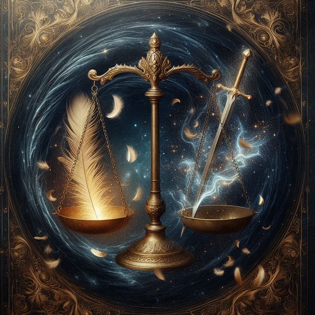 Balanced scale with feather and sword