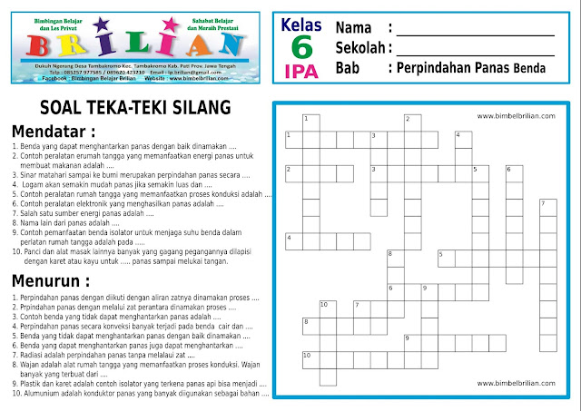  Bab Hantaran Dan Perpindahan Panas dan Kunci Jawaban Soal Teka-Teki Silang ( TTS ) IPA SD Kelas 6 Bab Hantaran Dan Perpindahan Panas dan Kunci Jawaban