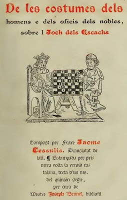 Portada del libro De les costums dels homes i oficis dels noble, de Jacobus de Cessulis