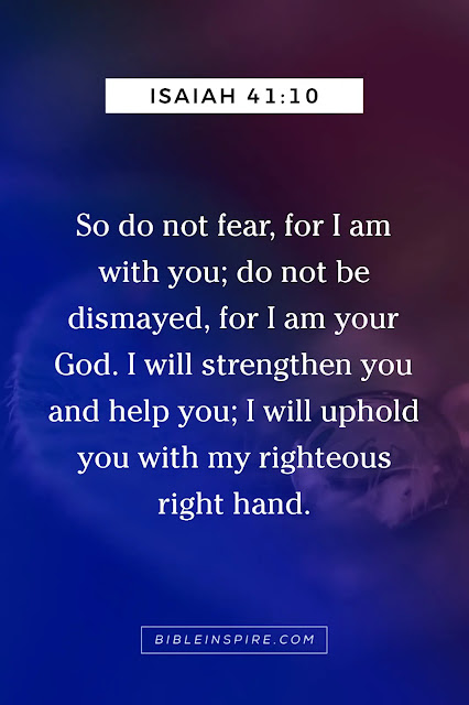 An encouraging bible verse for a friend, Isaiah 41:10, stating 'Do not fear, for I am with you,' with a vibrant blue and purple abstract background, offering comfort and strength from God.