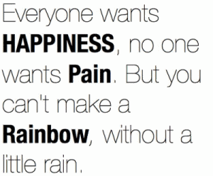 Everyone wants happiness, no one wants pain.  But you can't make a rainbow, without a little rain.