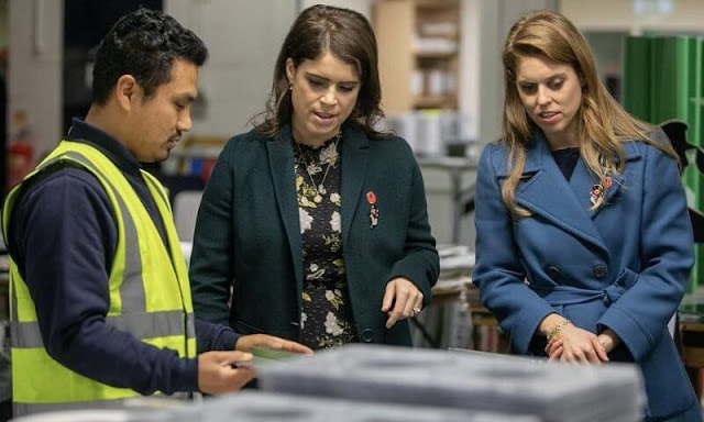 Princess Beatrice wore a striking teal blue overcoat and heeled Chelsea boots. Princess Eugenie wore a print mini dress by Whistles