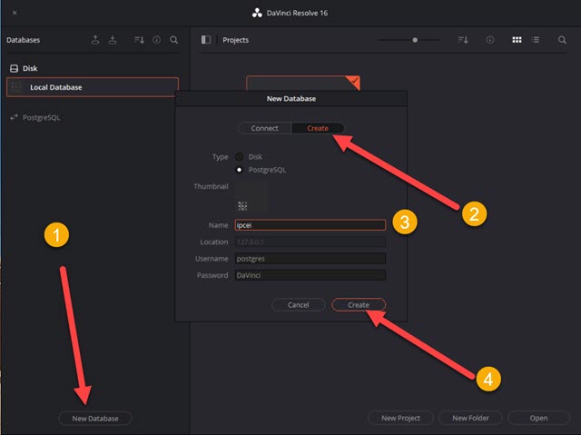 creare un database nuovo in davinci resolve