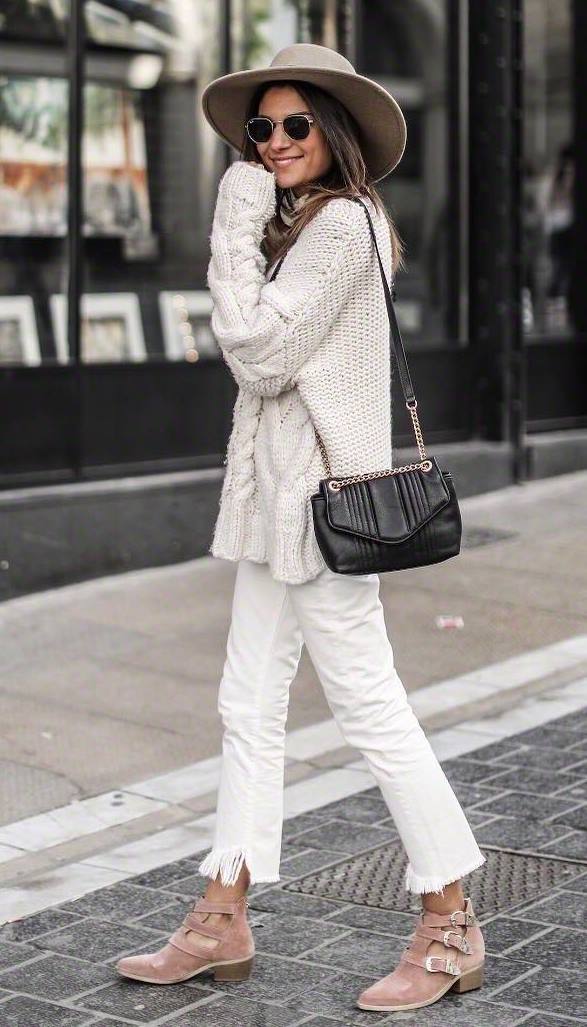 what to wear with a hat : white knit sweater + bag + jeans + boots