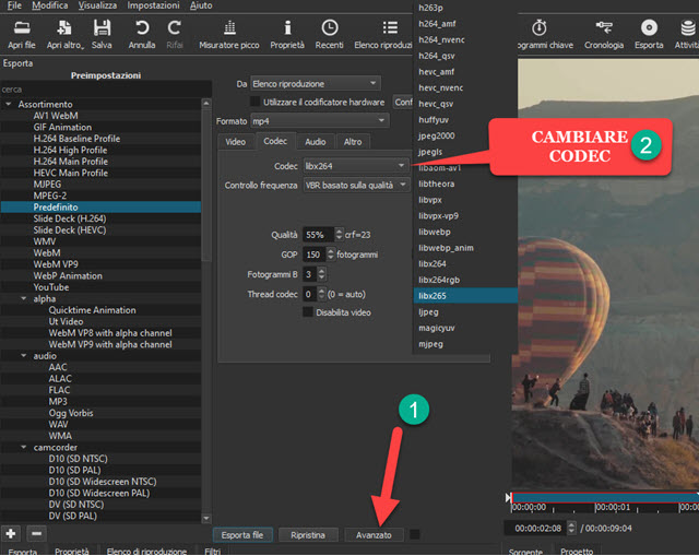 cambiare codec audio e video