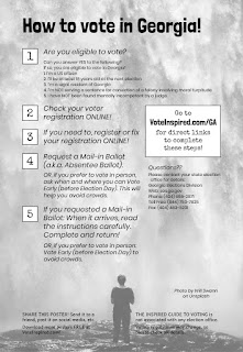 A poster detailing all the steps you need to take to register and vote in Georgia (black and white background)