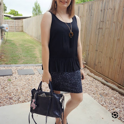 black and navy peplum tank and pencil skirt outfit with Rebecca Minkoff Regan bag | awayfromblue Instagram