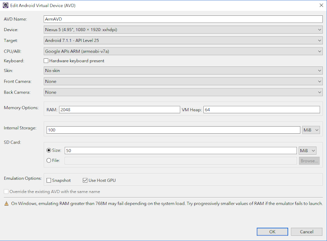 以ARM EABI-v7a System Image的AVD設定