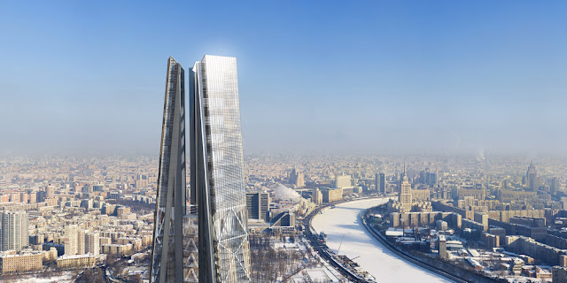 Photo showing Russia Tower spire with the frozen Moscow in the background