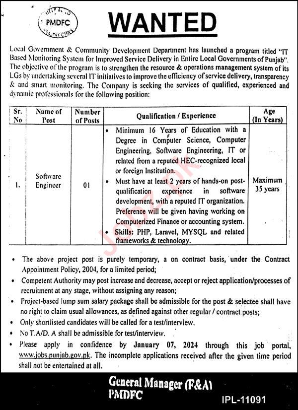 Local Government & Community Development Department Engineering Jobs In Lahore 2023