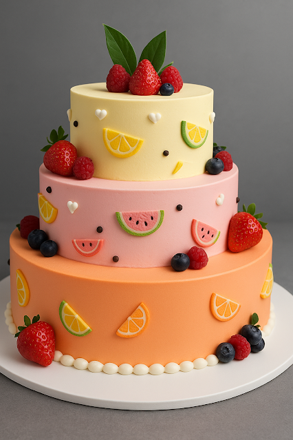 fruit theme cake, fresh whipping cream cake, lemon, orange, watermelon, strawberry, kids birthday party