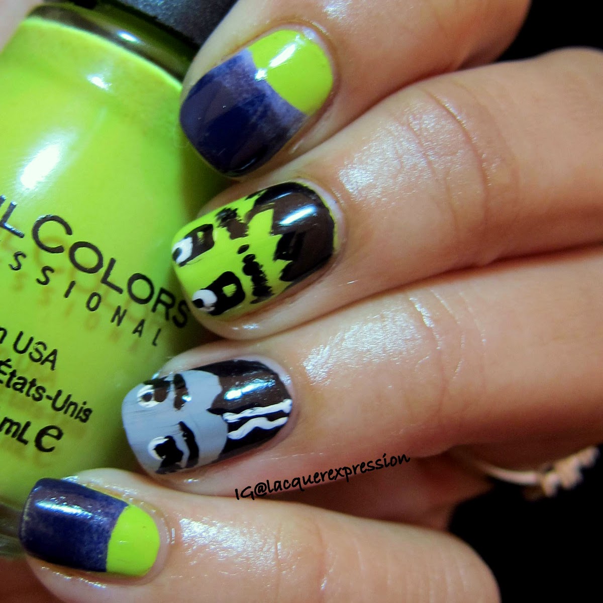 Frankenstein bride of Frankenstein Halloween nail art using Sinful Colors nail polish