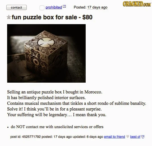 Evil puzzle box ghost story / classified ad