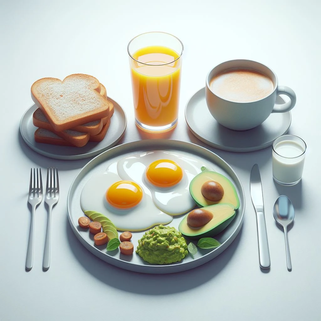 imagen creada con inteligencia artificial de un desayuno de huevos fritos estrellados aguacate pan tostado cafe jugo de naranja leche