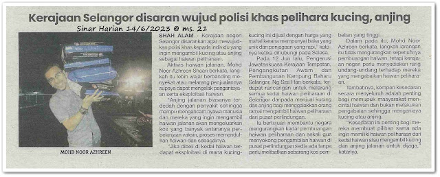 Kerajaan Selangor disaran wujud polisi khas pelihara kucing, anjing - Keratan akhbar Sinar Harian 14 Jun 2023