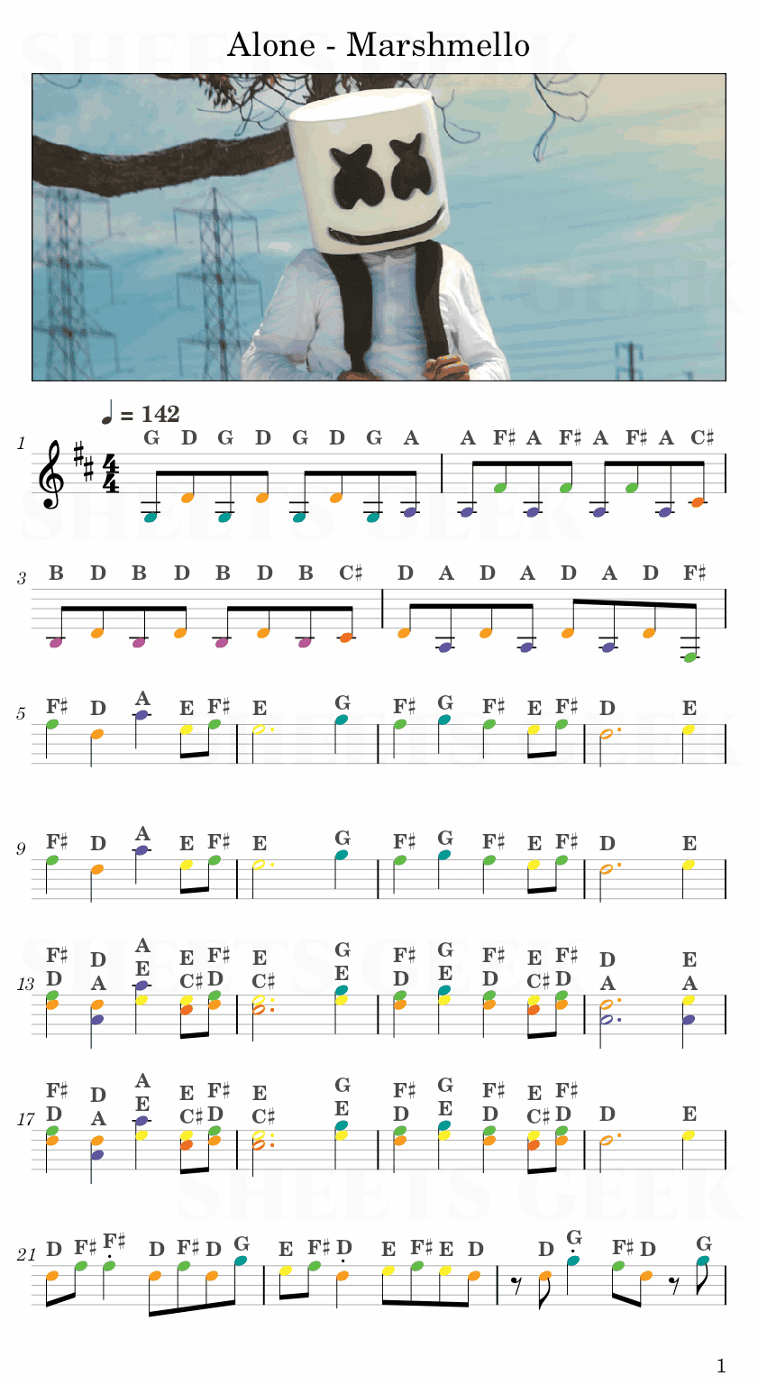 Alone - Marshmello Easy Sheet Music Free for piano, keyboard, flute, violin, sax, cello page 1