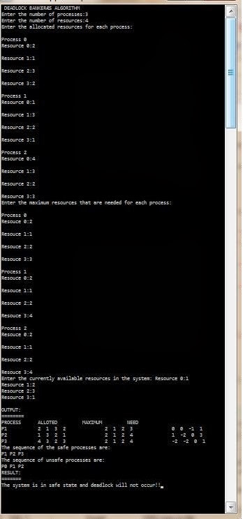 Banker's Algorithm output shown using Dev C++