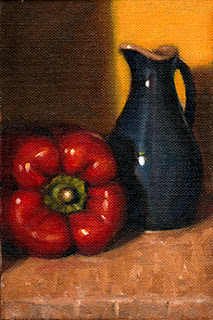 Oil painting of a red pepper on its side next to a blue porcelain sauce jug.