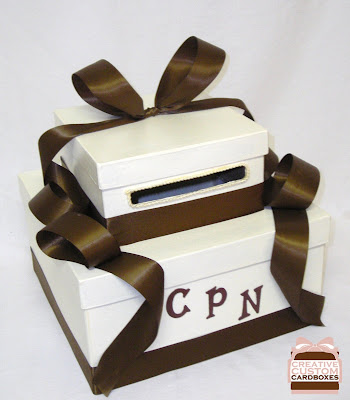 This ivory and chocolate brown 2 tier wedding card box features a 3 letter