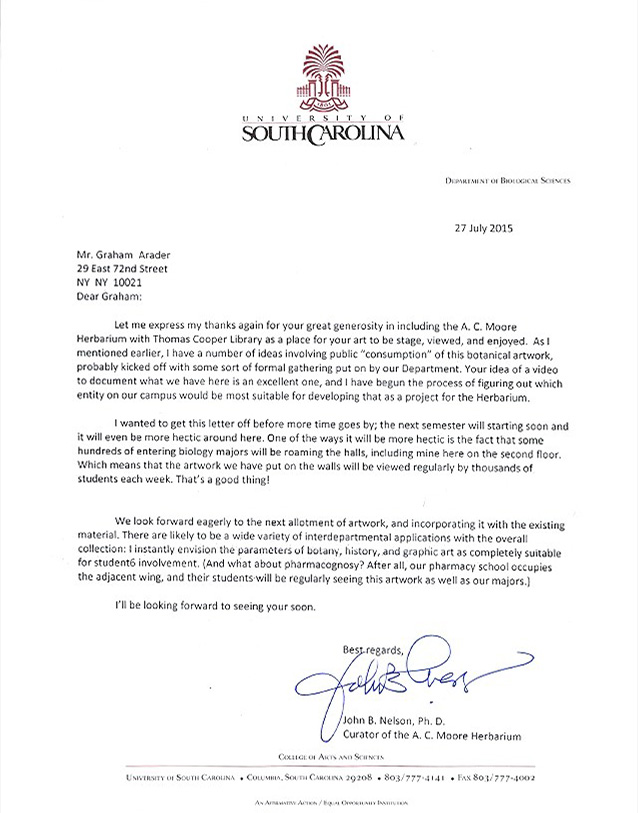 Thank You Letter For Continued Support Of The University Of South Carolina Noting The Public Display Of Works Given
