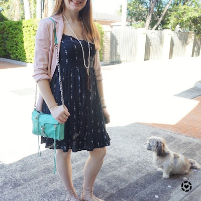 awayfromblue Instagram blush blazer with little black tiered dress for spring 