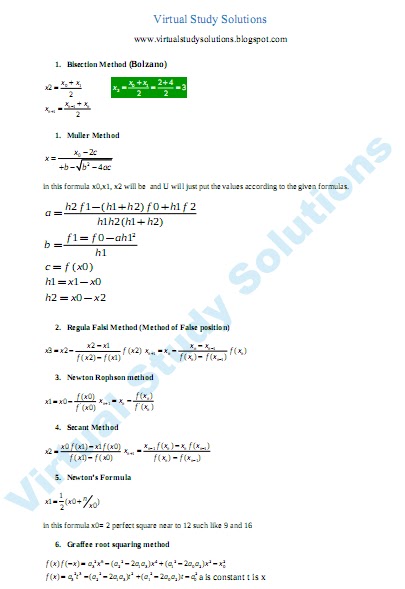 MTH603 Numerical Analysis Formulas Sample Page Preview